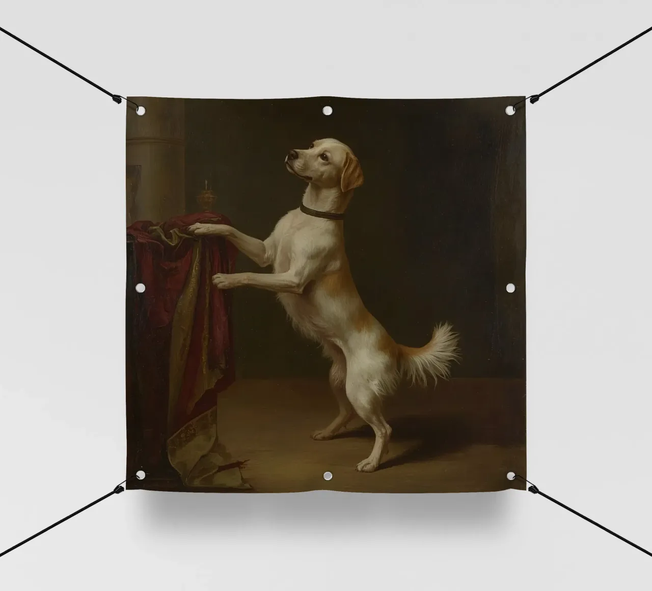 Cane in piedi con le zampe su un tavolo in un ambiente classico telo in pvc da DesignDoodle