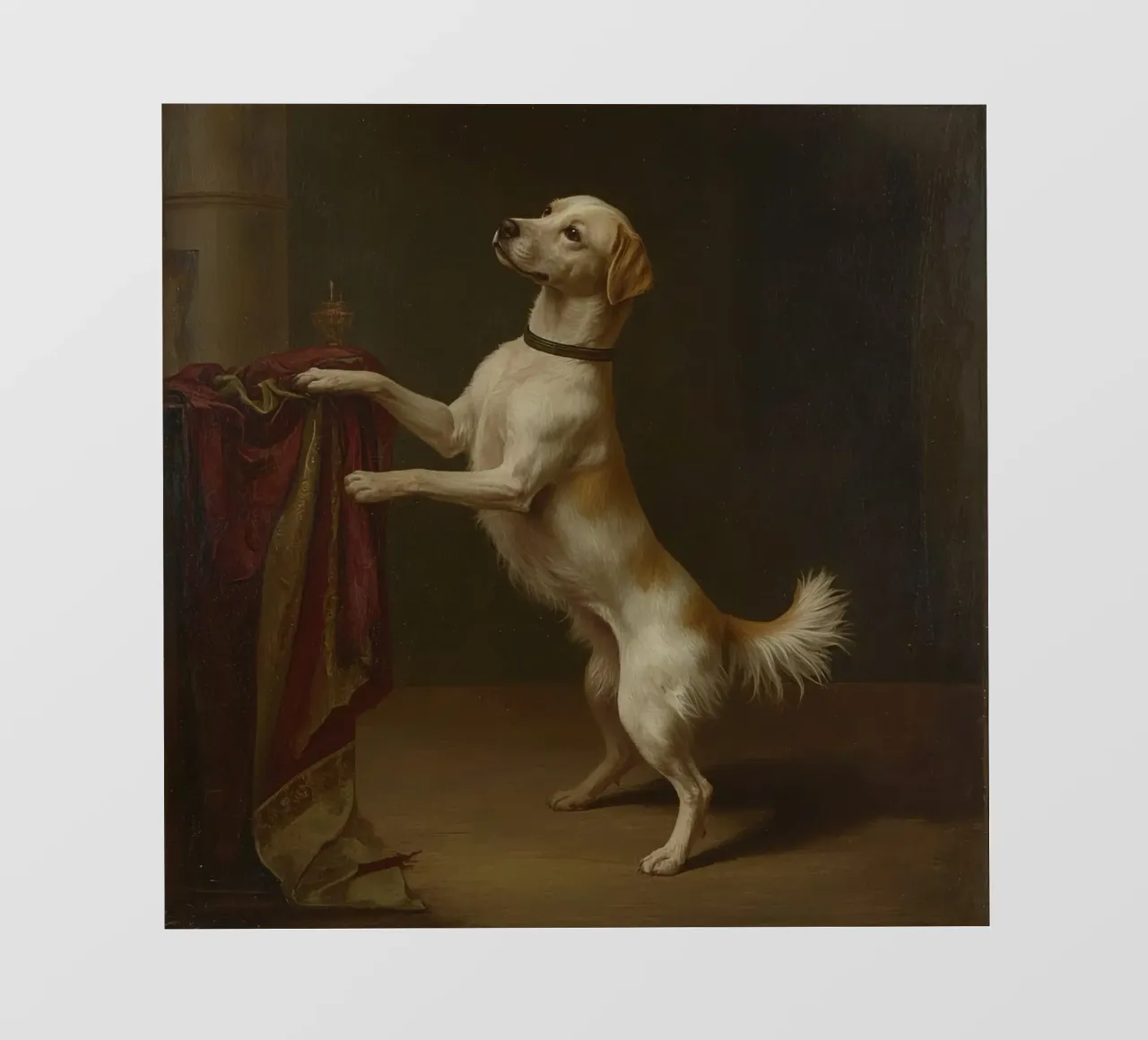 Cane in piedi con le zampe su un tavolo in un ambiente classico telo in pvc da DesignDoodle