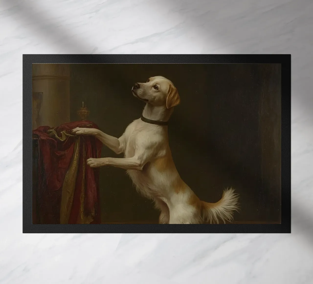 Cane in piedi con le zampe su un tavolo in un ambiente classico zerbino da DesignDoodle