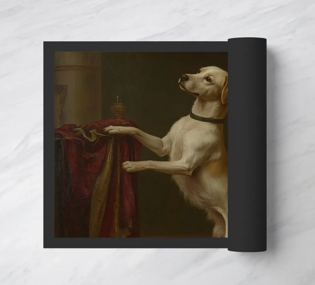 Cane in piedi con le zampe su un tavolo in un ambiente classico zerbino da DesignDoodle