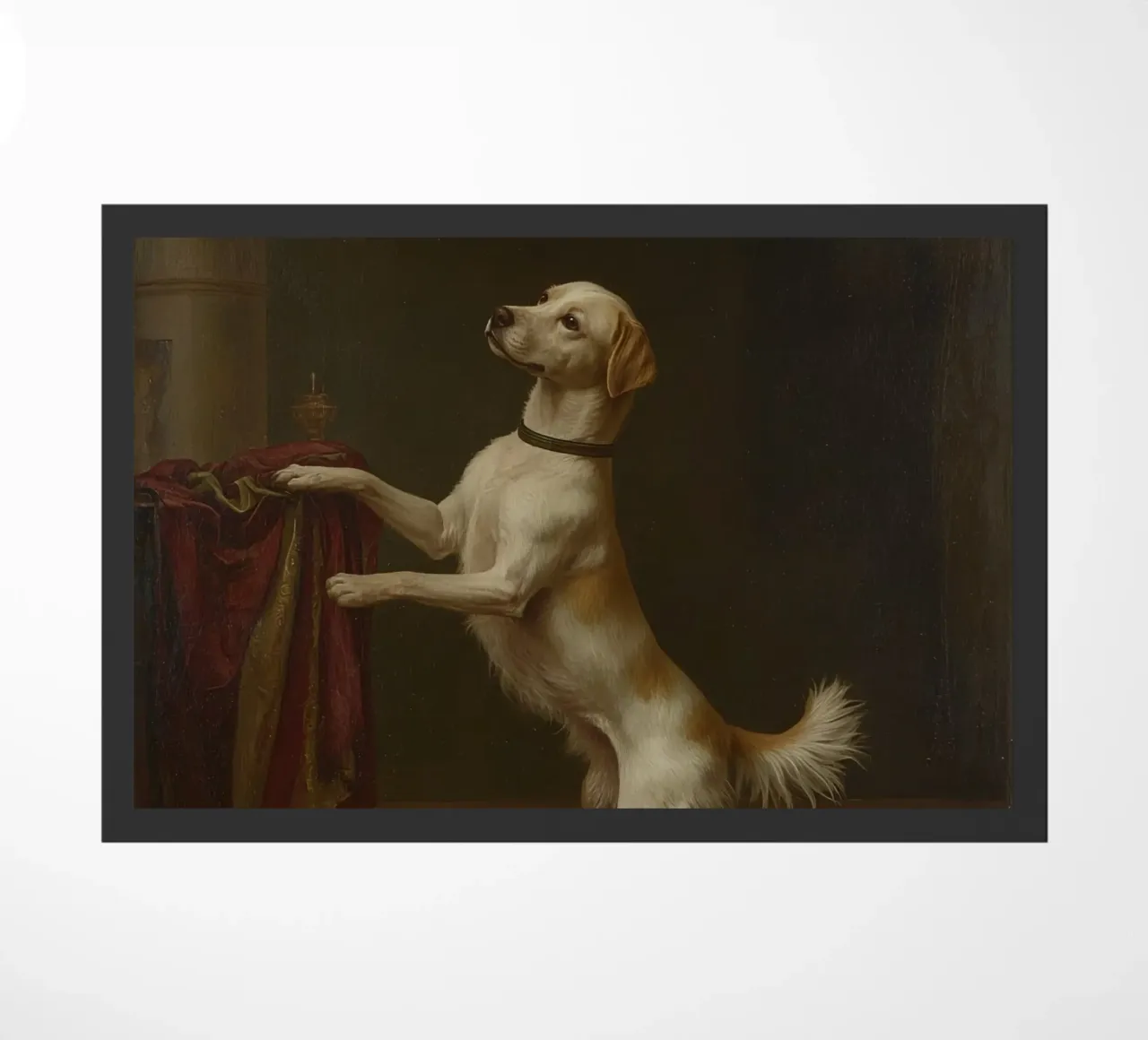 Cane in piedi con le zampe su un tavolo in un ambiente classico zerbino da DesignDoodle