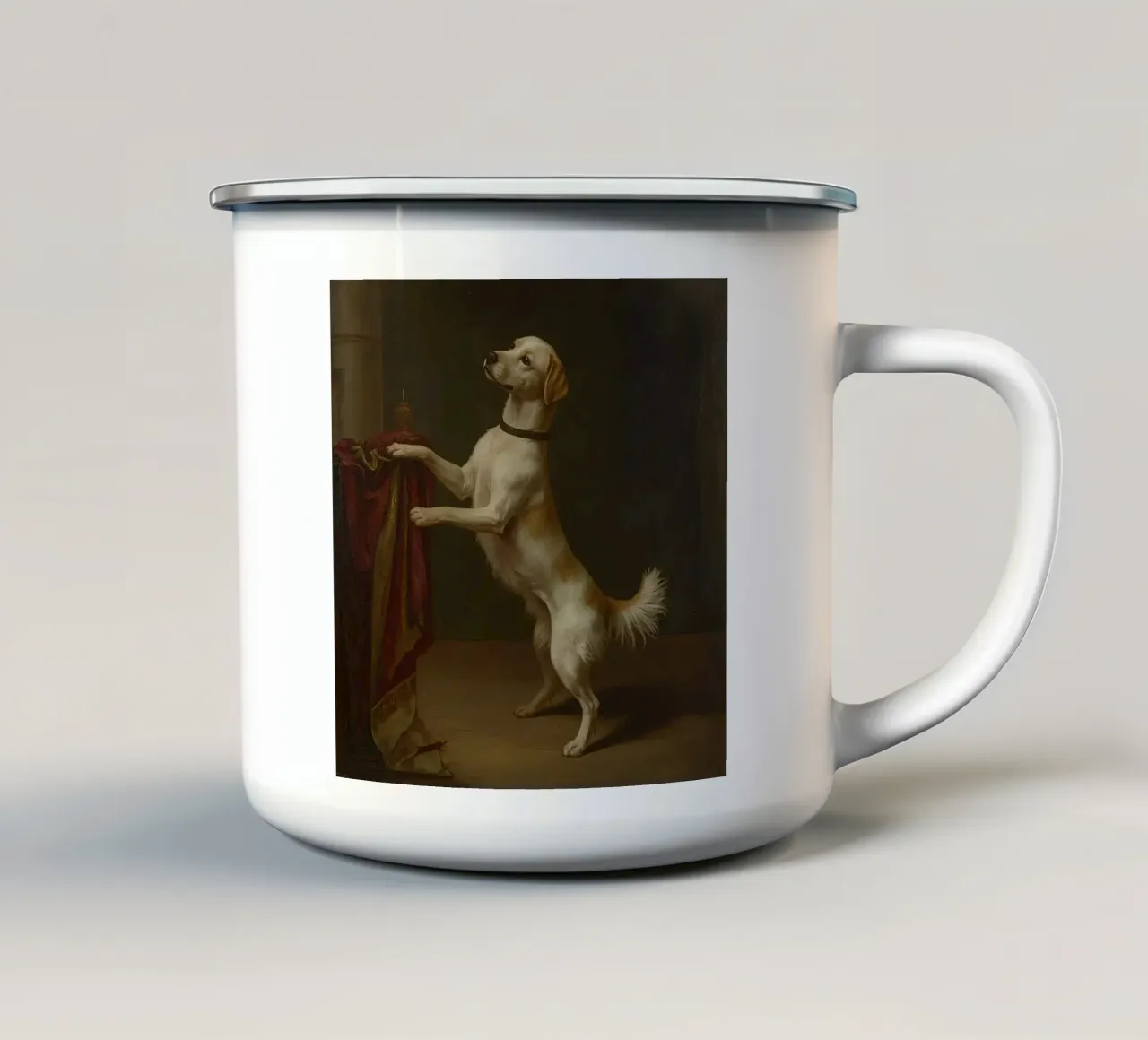 Cane in piedi con le zampe su un tavolo in un ambiente classico tazza in smalto da DesignDoodle