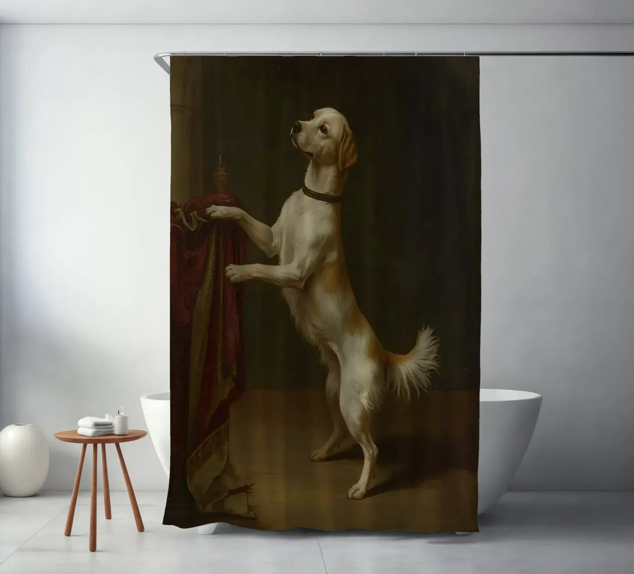 Cane in piedi con le zampe su un tavolo in un ambiente classico tenda da doccia da DesignDoodle
