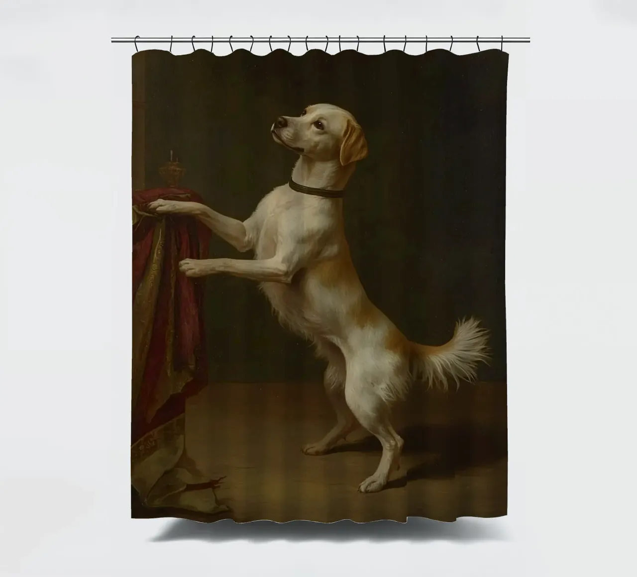 Cane in piedi con le zampe su un tavolo in un ambiente classico tenda da doccia da DesignDoodle