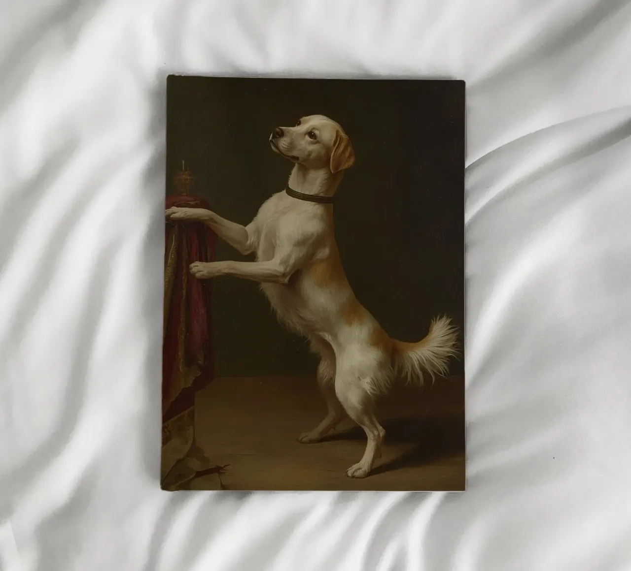 Dog standing with paws on a table in a classic setting notebook by DesignDoodle