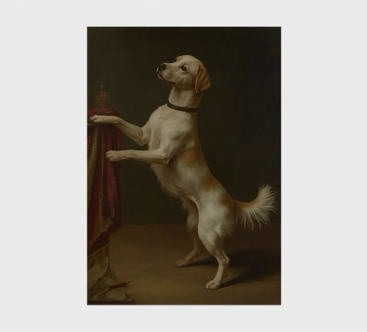 Cane in piedi con le zampe su un tavolo in un ambiente classico diario da DesignDoodle