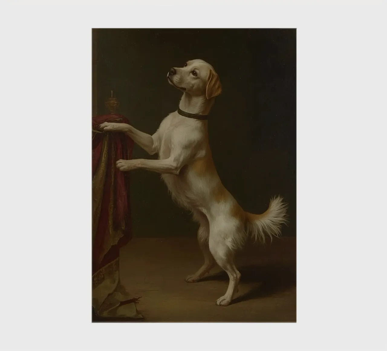 Cane in piedi con le zampe su un tavolo in un ambiente classico diario da DesignDoodle