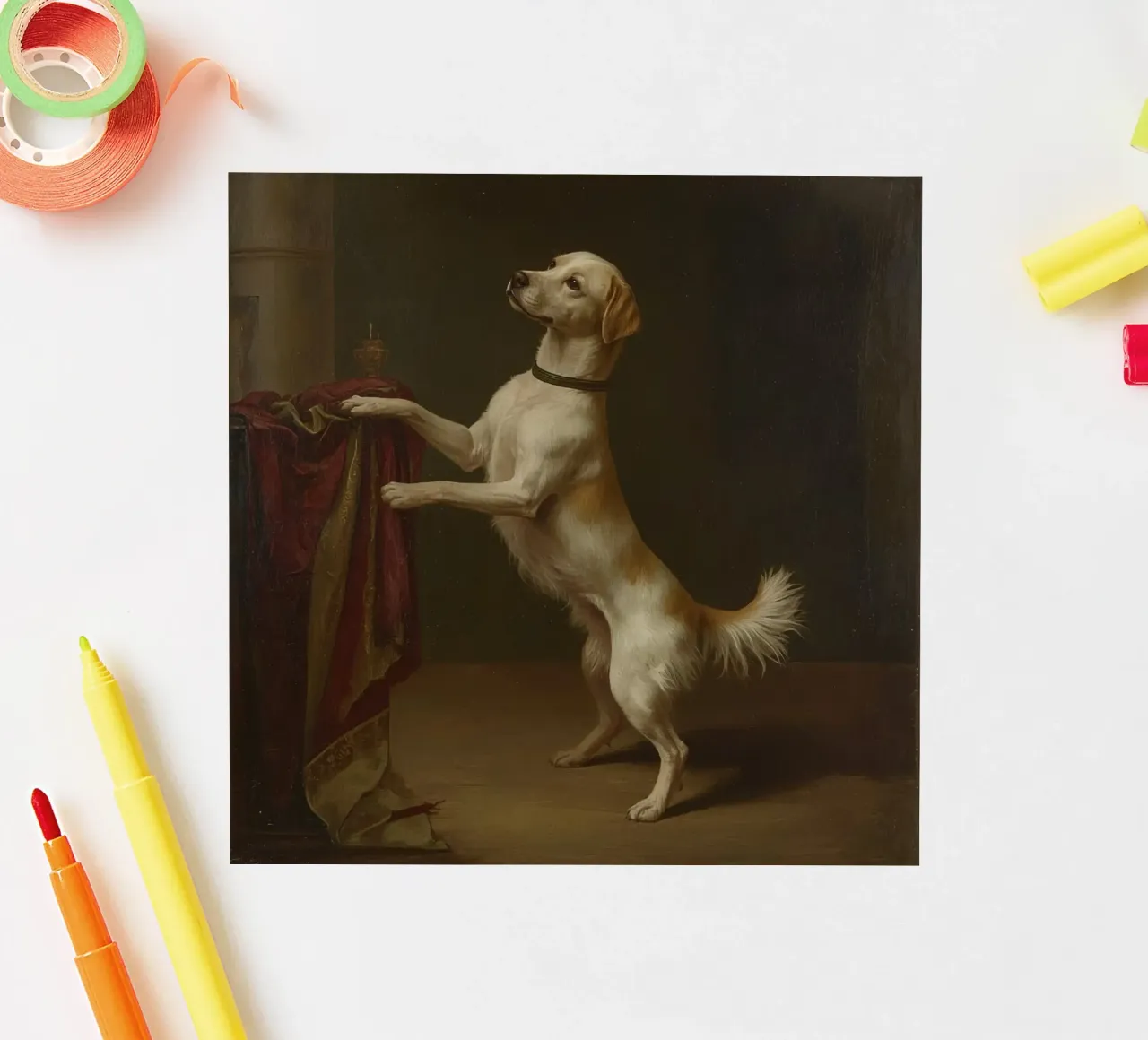 Cane in piedi con le zampe su un tavolo in un ambiente classico adesivo da DesignDoodle