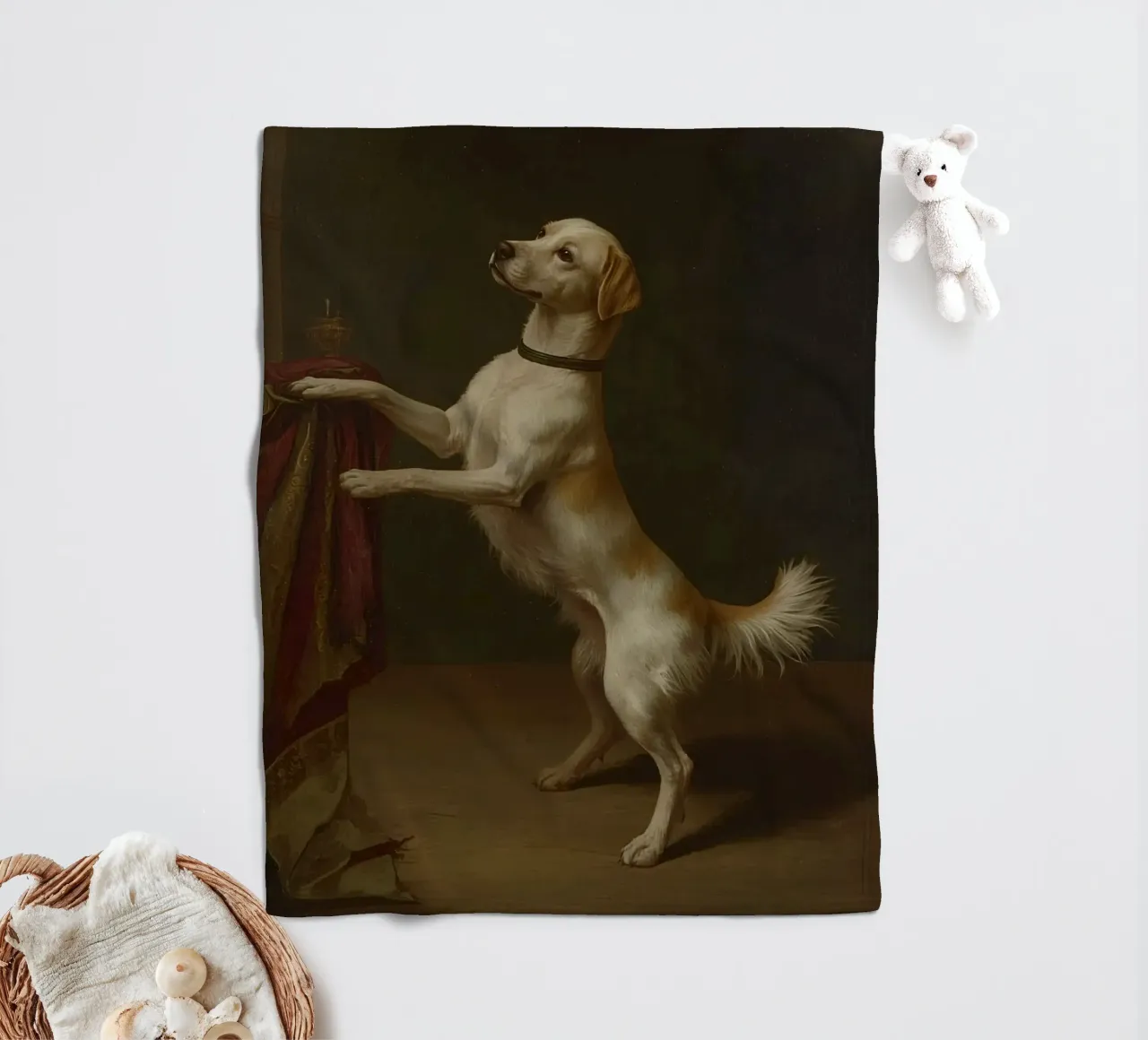 Cane in piedi con le zampe su un tavolo in un ambiente classico coperta in pile da DesignDoodle