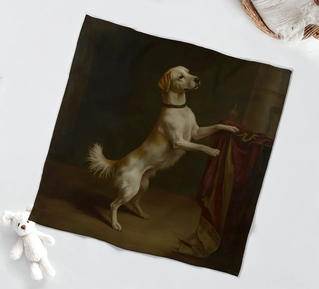 Cane in piedi con le zampe su un tavolo in un ambiente classico coperta in pile da DesignDoodle