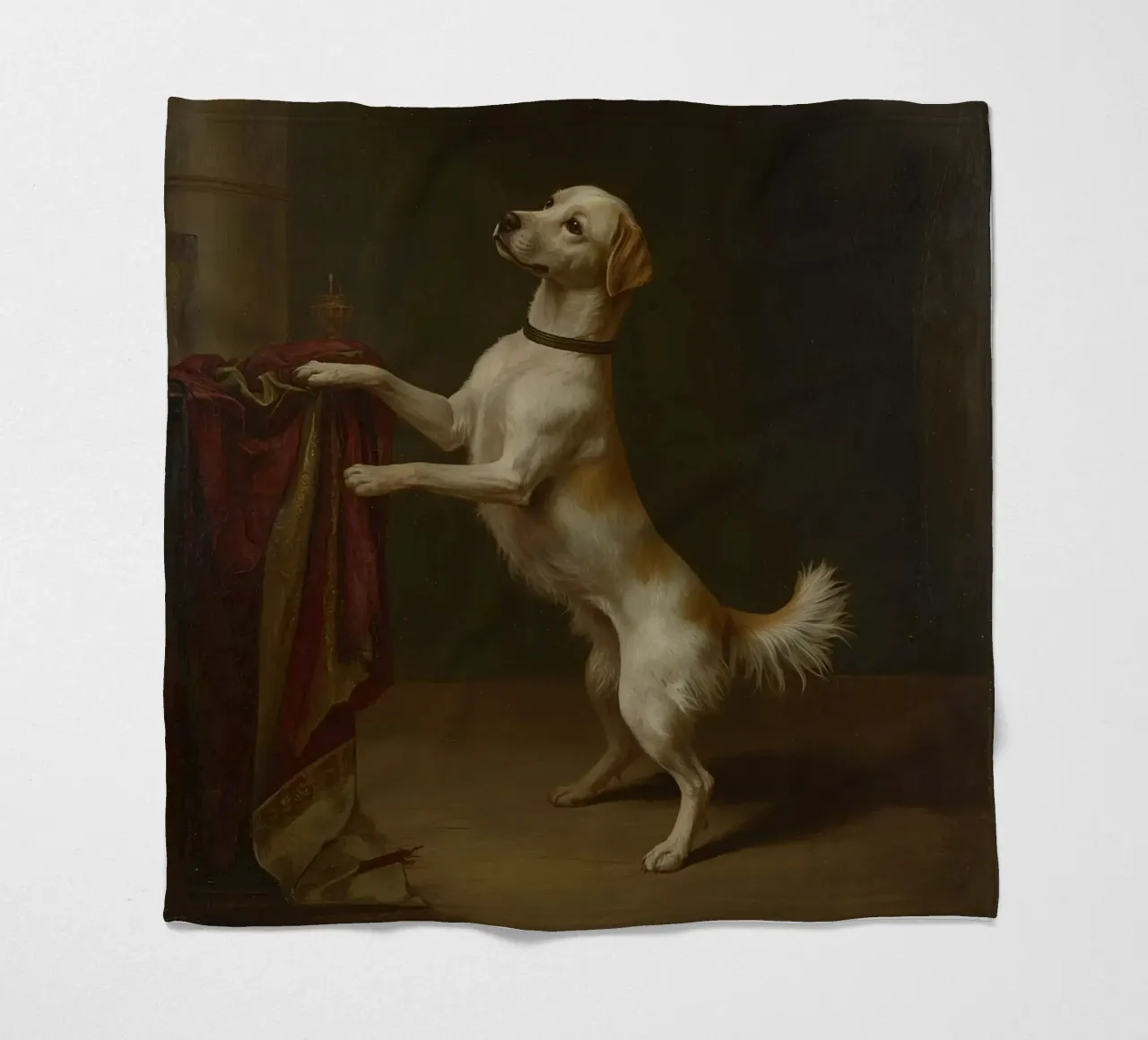 Cane in piedi con le zampe su un tavolo in un ambiente classico coperta in pile da DesignDoodle