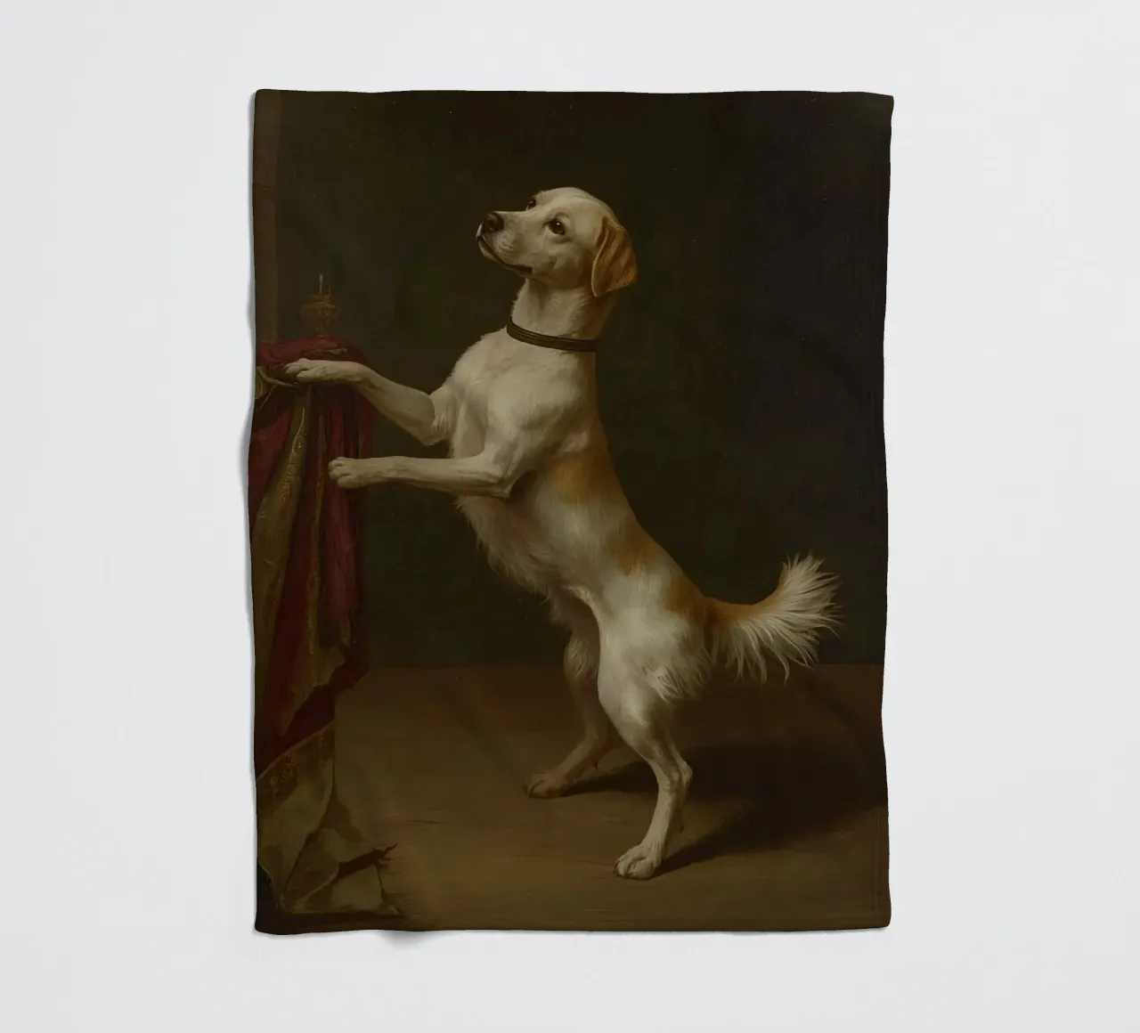 Cane in piedi con le zampe su un tavolo in un ambiente classico coperta in pile da DesignDoodle