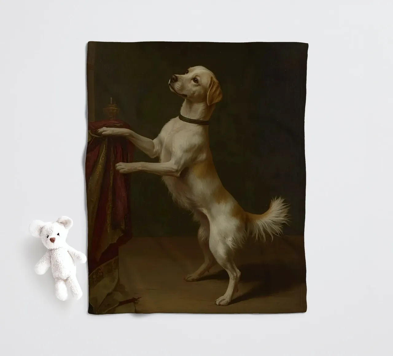 Cane in piedi con le zampe su un tavolo in un ambiente classico coperta in pile da DesignDoodle