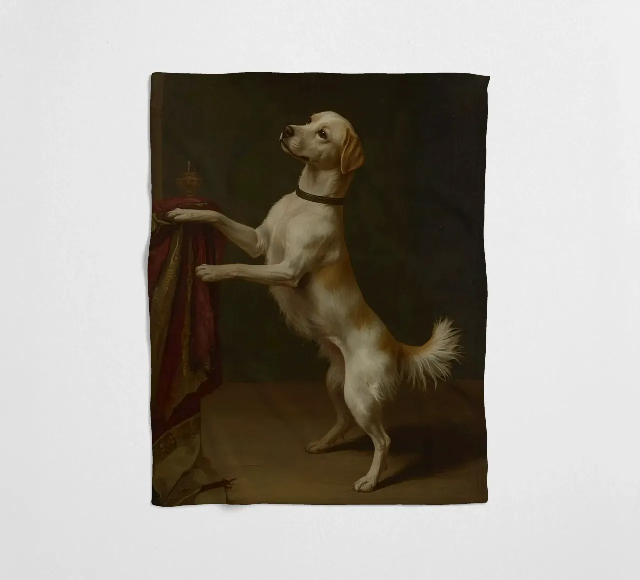 Cane in piedi con le zampe su un tavolo in un ambiente classico coperta in pile da DesignDoodle