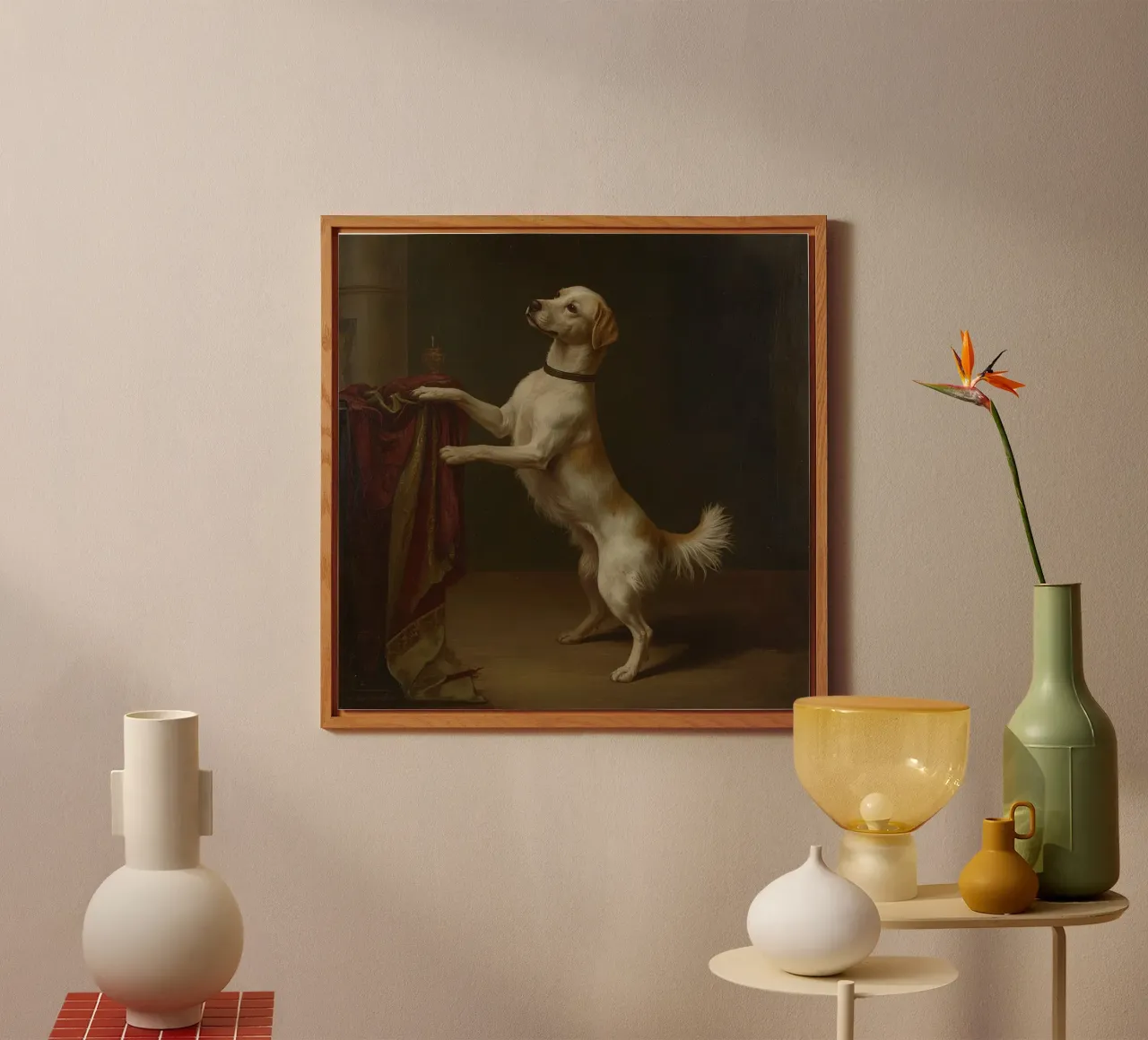 Cane in piedi con le zampe su un tavolo in un ambiente classico alluminio dibond da DesignDoodle