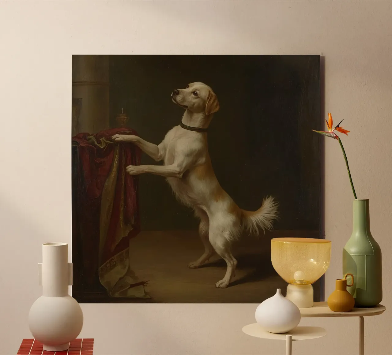 Cane in piedi con le zampe su un tavolo in un ambiente classico alluminio dibond da DesignDoodle