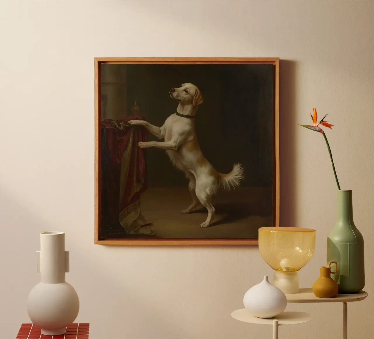 Hond met poten op tafel in klassieke setting canvas met Baklijst van DesignDoodle