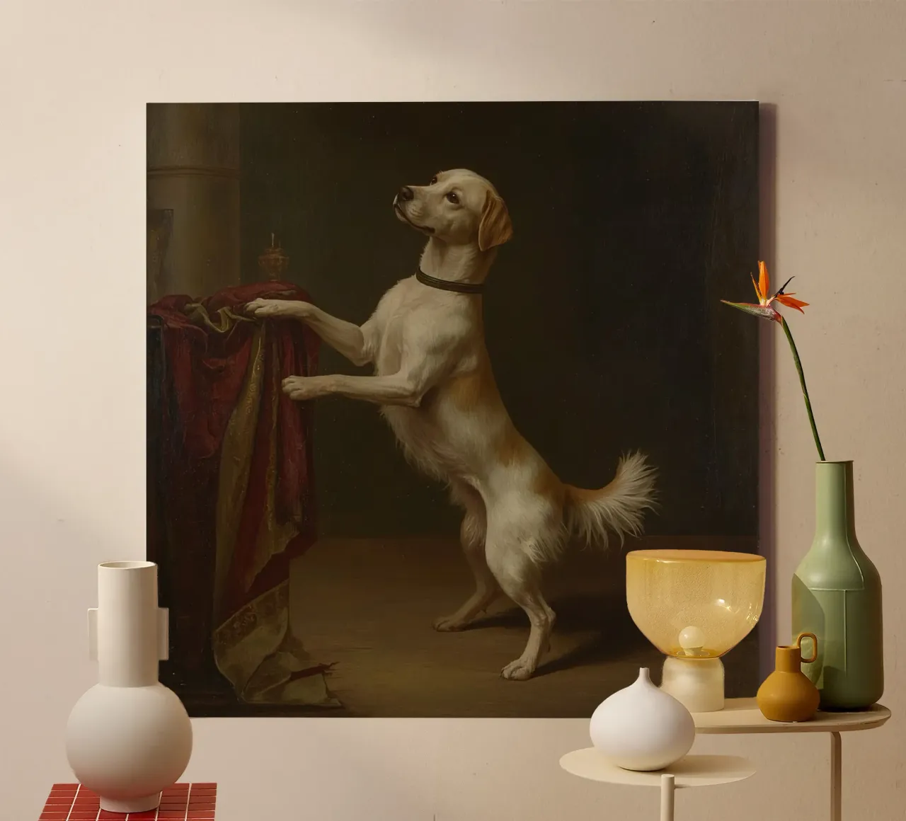Hond met poten op tafel in klassieke setting canvas met Baklijst van DesignDoodle