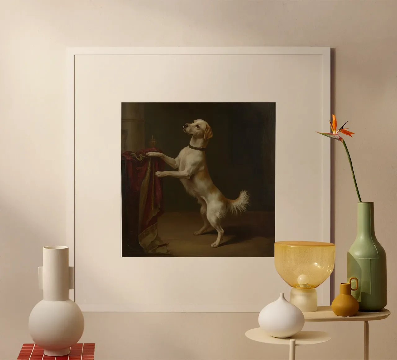 Cane in piedi con le zampe su un tavolo in un ambiente classico carta hahnemühle da DesignDoodle