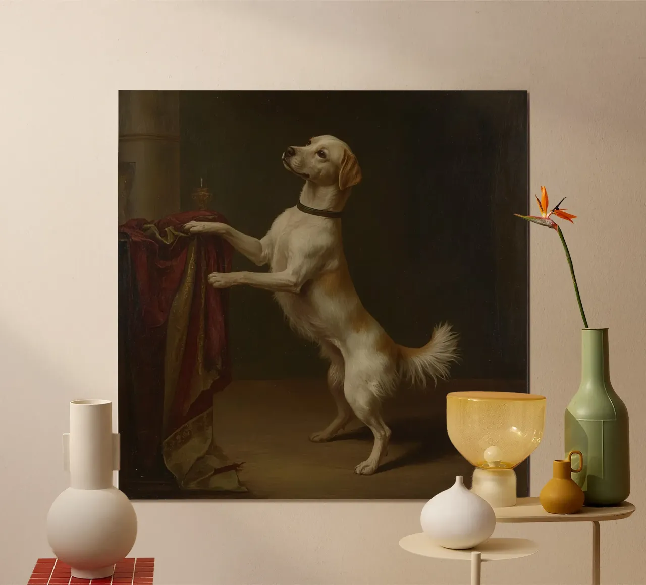 Cane in piedi con le zampe su un tavolo in un ambiente classico carta hahnemühle da DesignDoodle