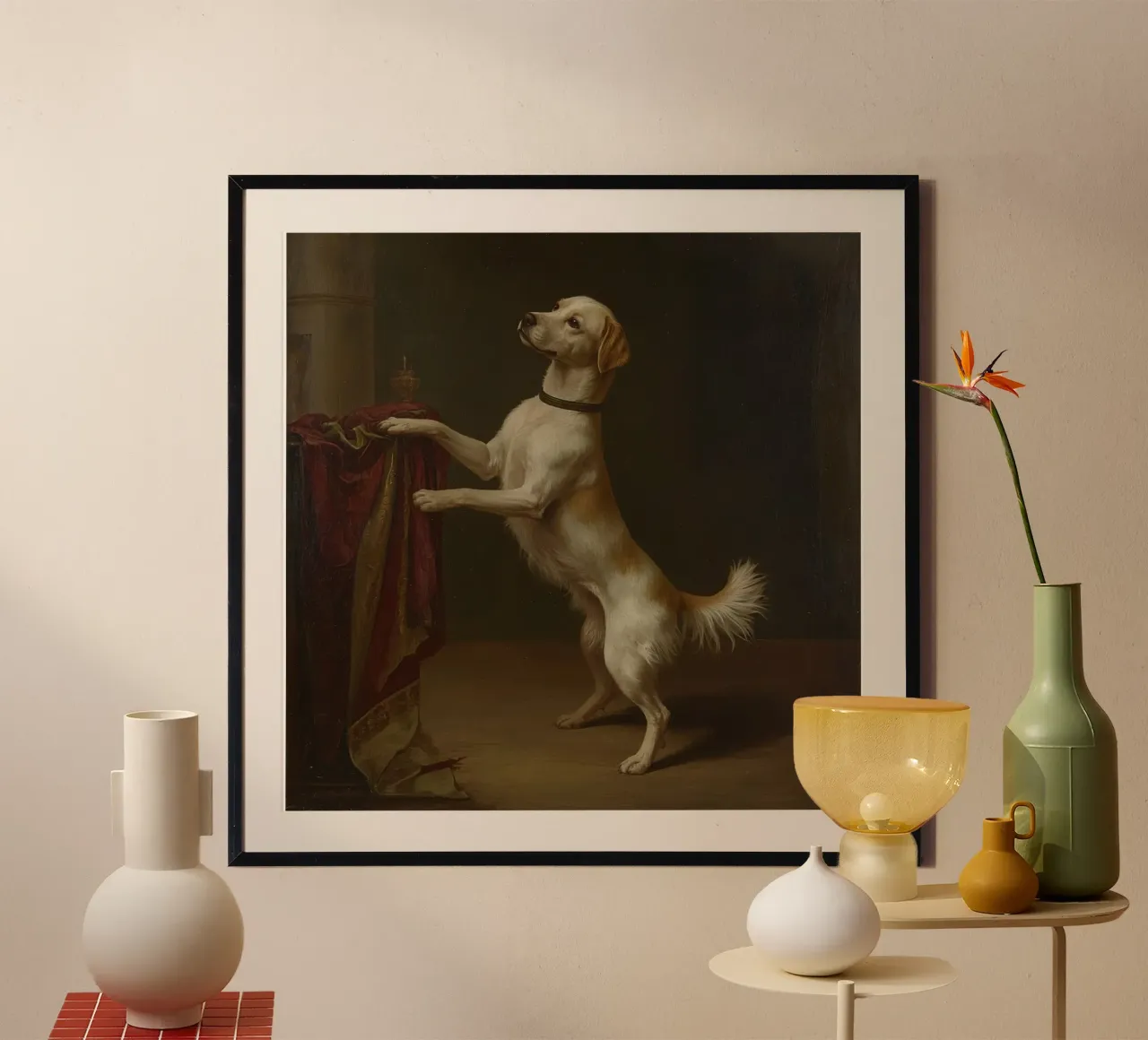 Cane in piedi con le zampe su un tavolo in un ambiente classico poster con telaio in plastica da DesignDoodle