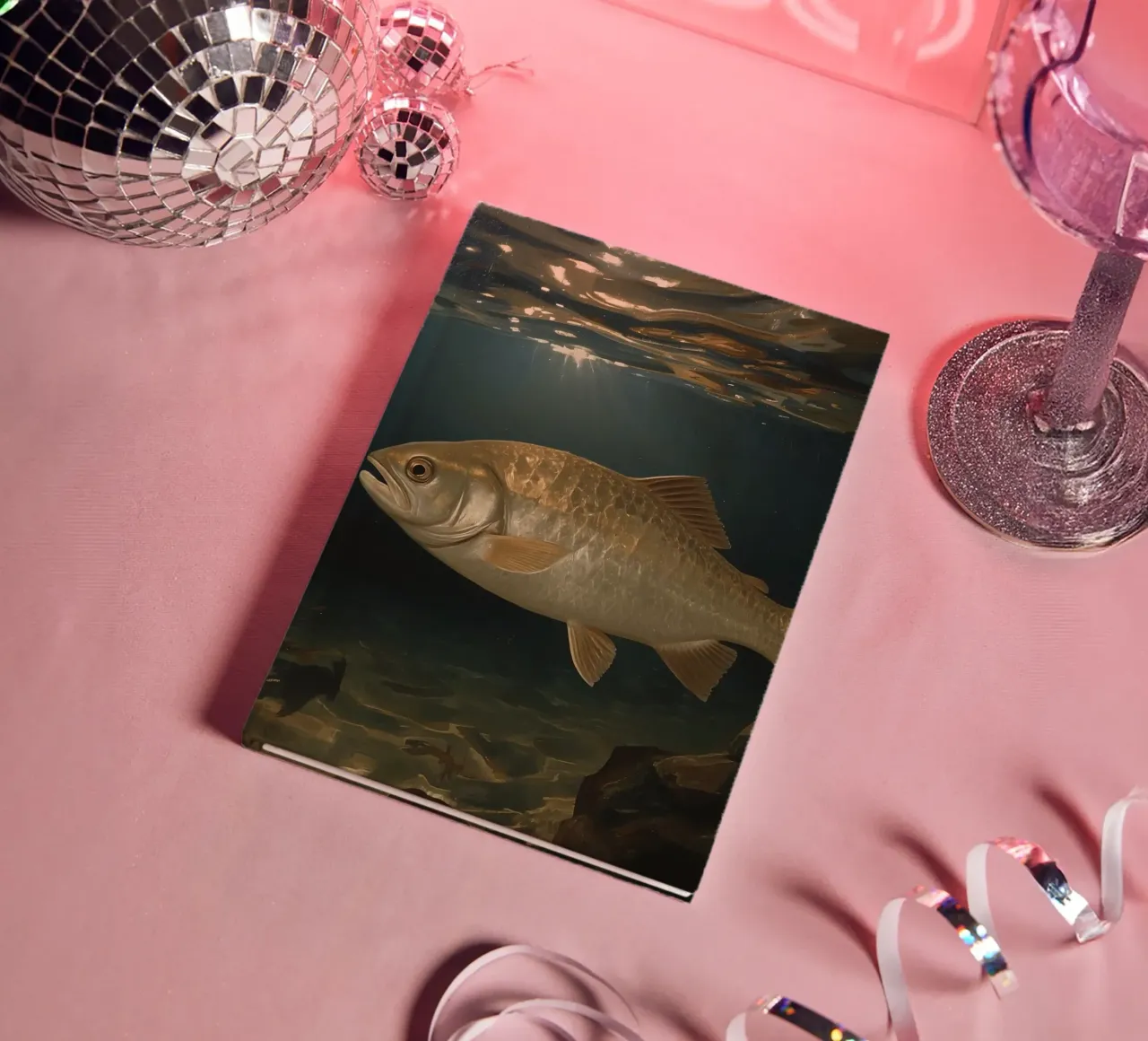 Un grand poisson nage gracieusement dans une eau claire illuminée. carnet de notes de DesignDoodle