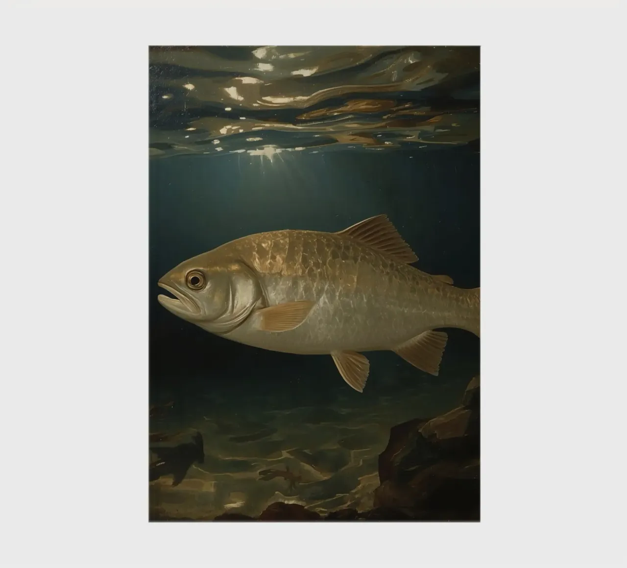 Un grand poisson nage gracieusement dans une eau claire illuminée. carnet de notes de DesignDoodle