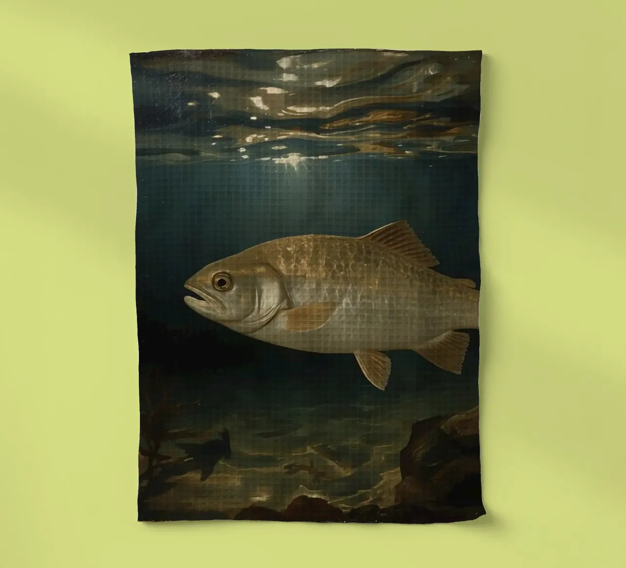 Un grand poisson nage gracieusement dans une eau claire illuminée. torchon de DesignDoodle