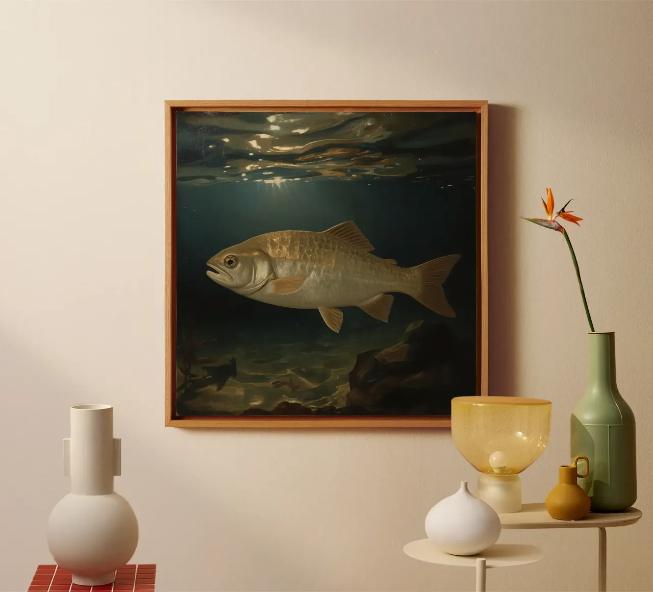Large fish swims gracefully through clear water illuminated canvas with Floater frame by DesignDoodle