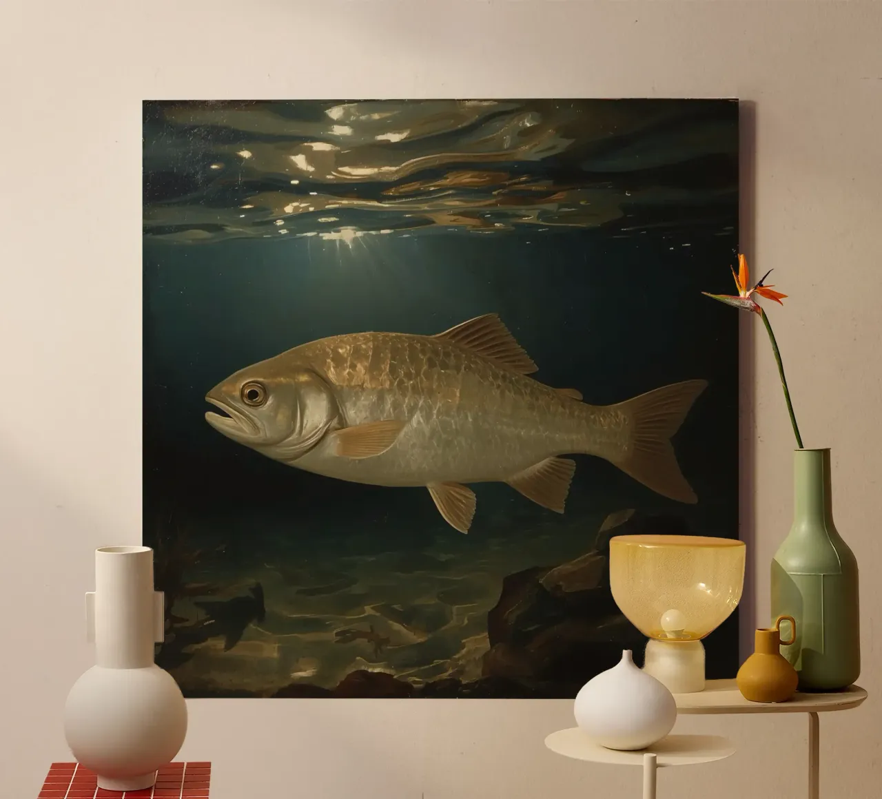 Large fish swims gracefully through clear water illuminated canvas with Floater frame by DesignDoodle
