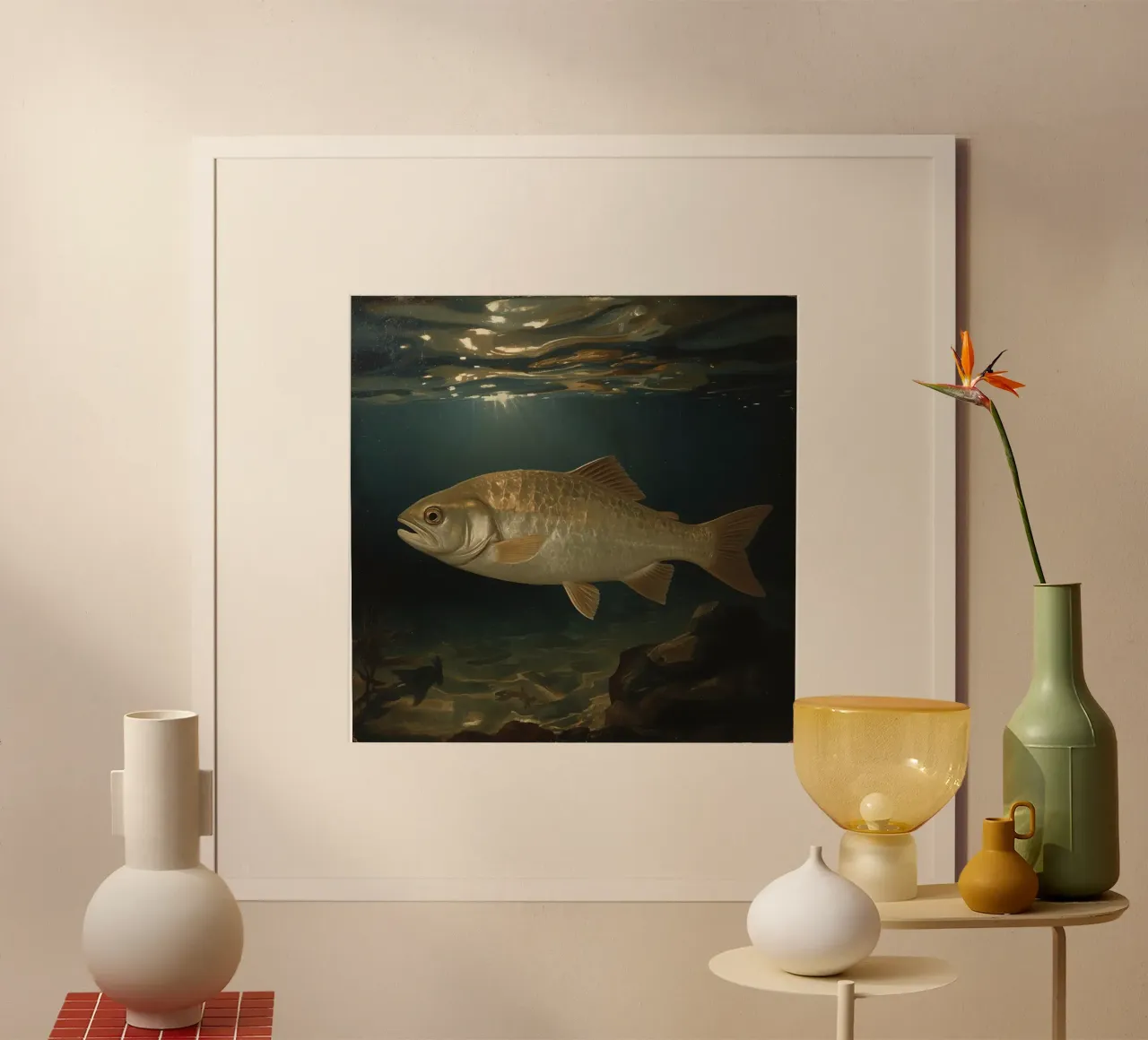 Un grand poisson nage gracieusement dans une eau claire illuminée. hahnemühle de DesignDoodle