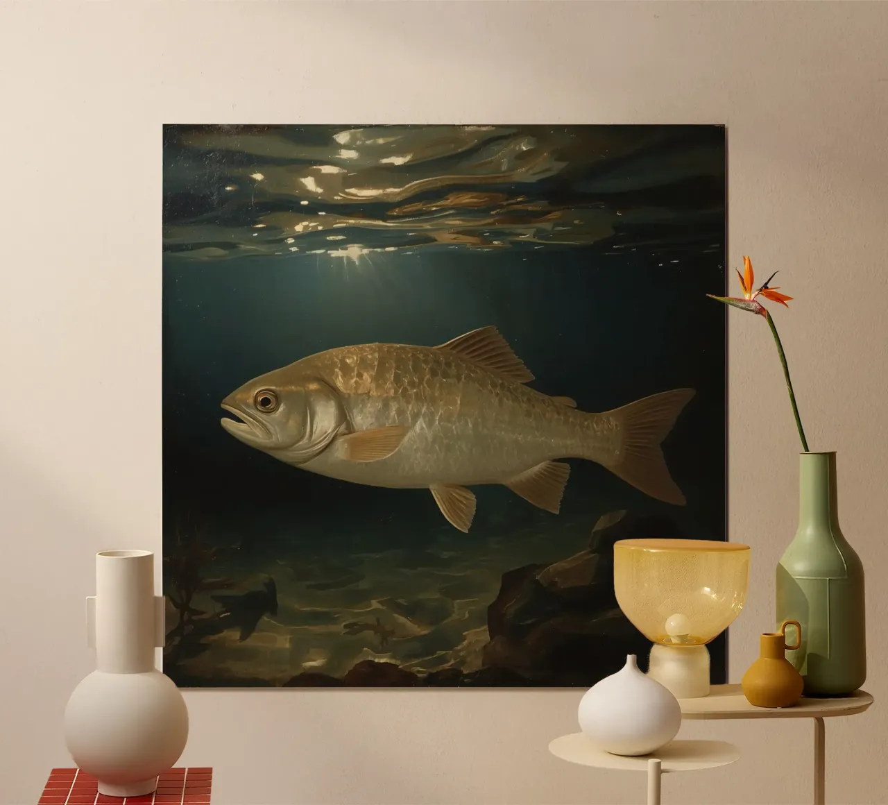 Un grand poisson nage gracieusement dans une eau claire illuminée. hahnemühle de DesignDoodle