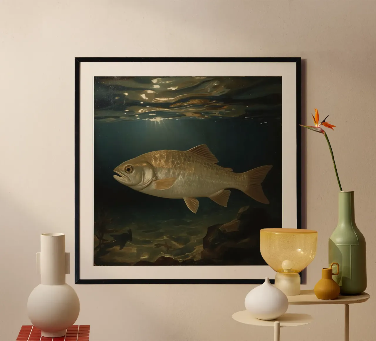 Un grand poisson nage gracieusement dans une eau claire illuminée. hahnemühle de DesignDoodle