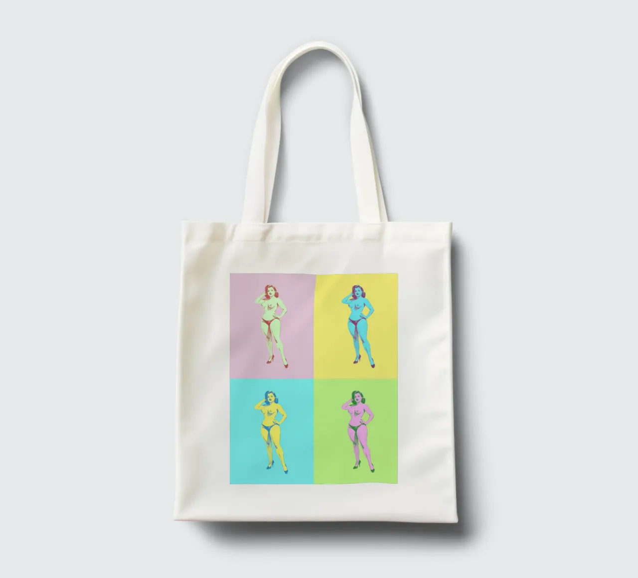 Pin-Up nuda pop art in pannelli pastello borsa in juta da Hecate Pim Designs