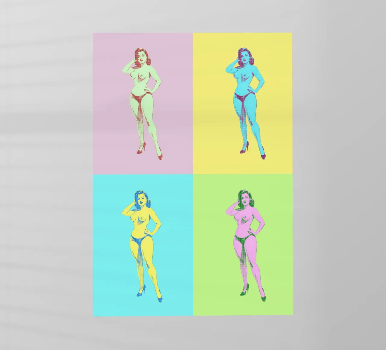 Pin-Up nuda pop art in pannelli pastello pellicola backlit da Hecate Pim Designs