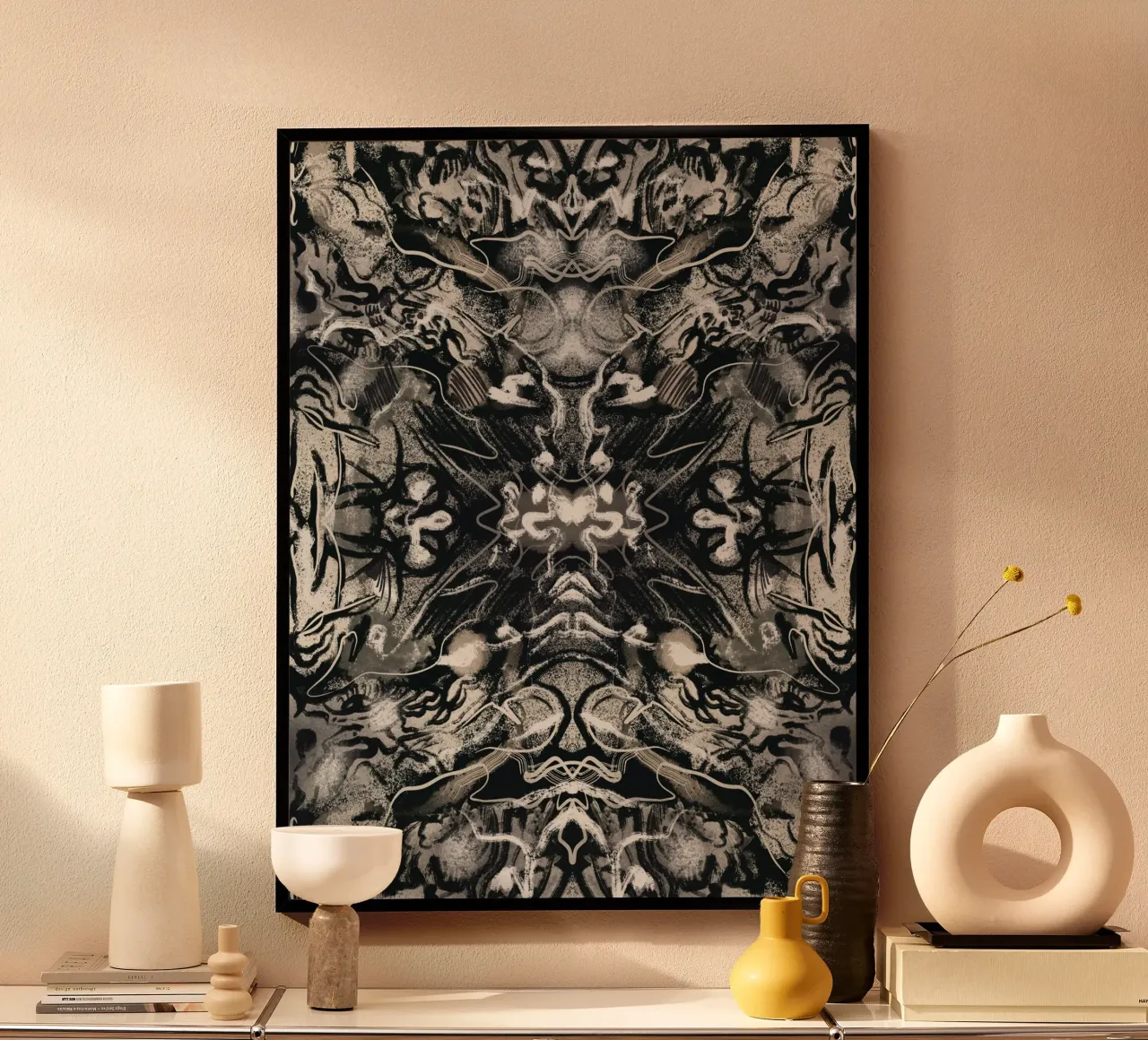 Rorschach 08 in bianco e nero poster con telaio in alluminio da Little Dean