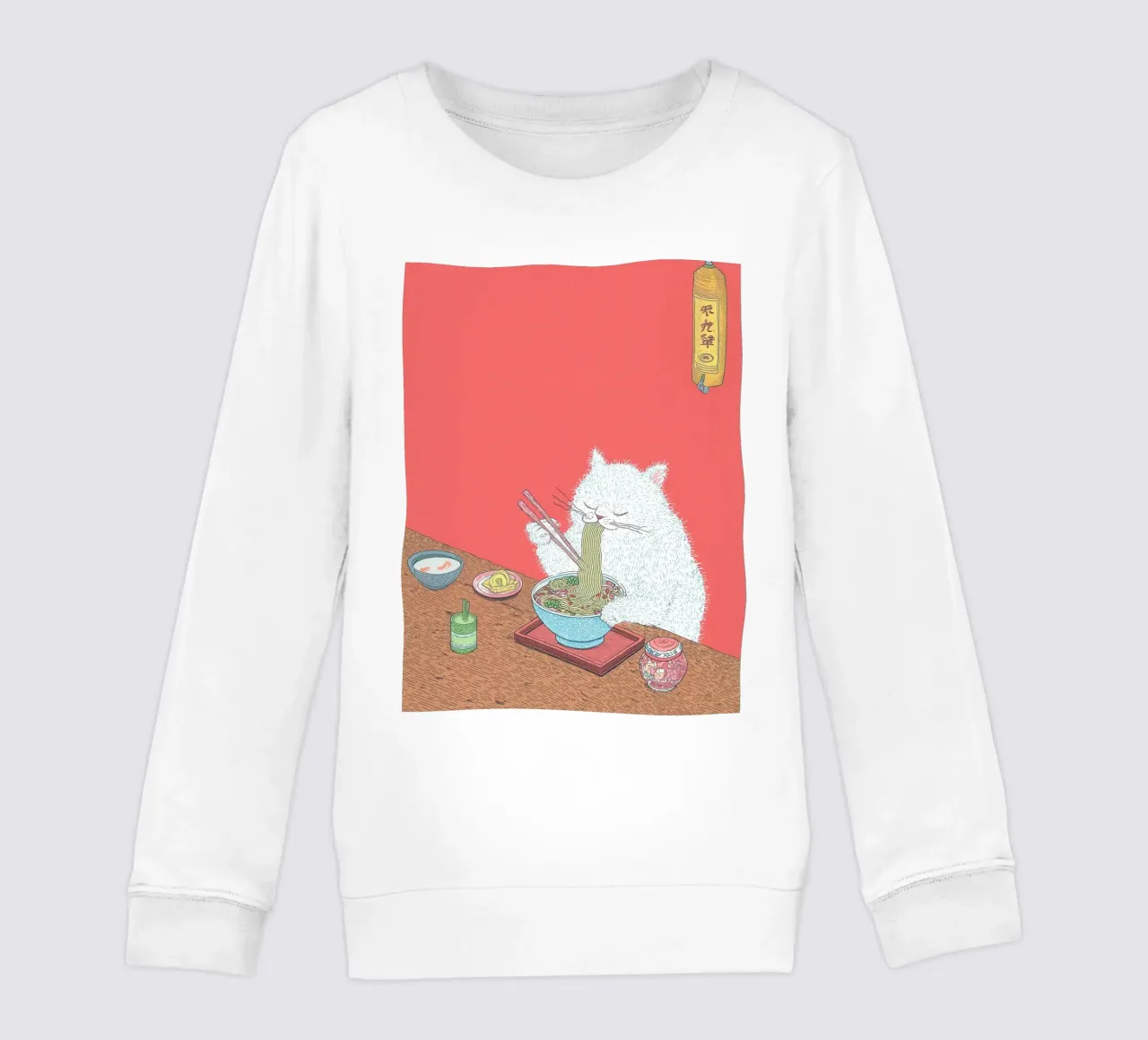White Cat Eat Ramen Inspiration Japan Foodie and Kitchen kids sweatshirt by Kaji
