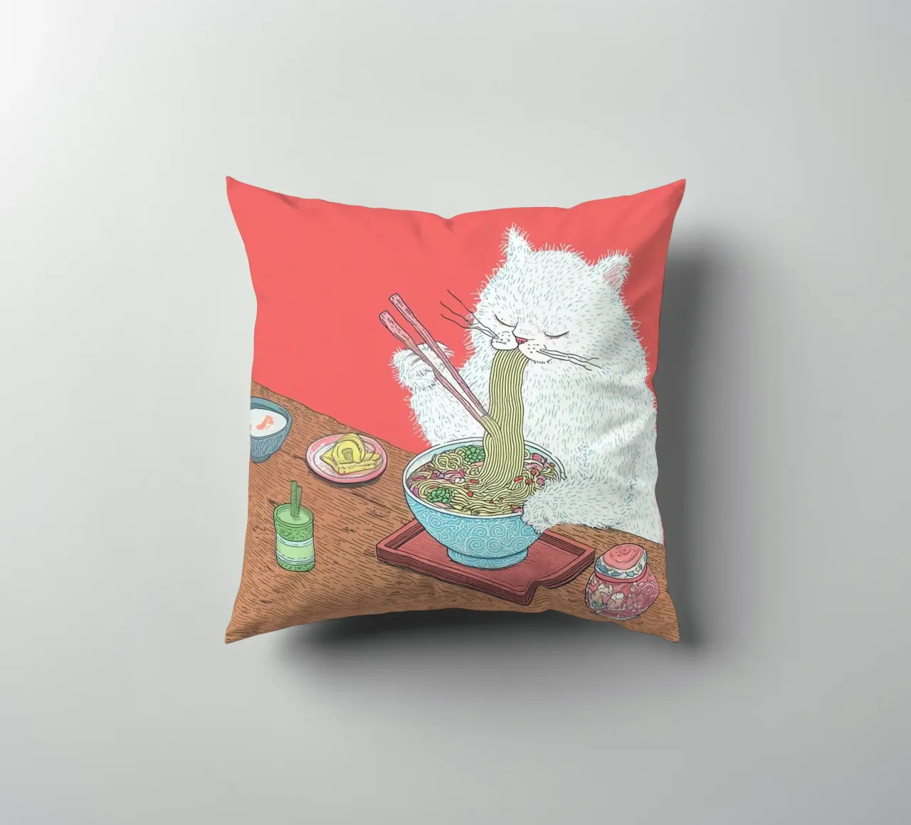 Witte kat eet Ramen Inspiratie Japan Foodie en Keuken kussen van Kaji