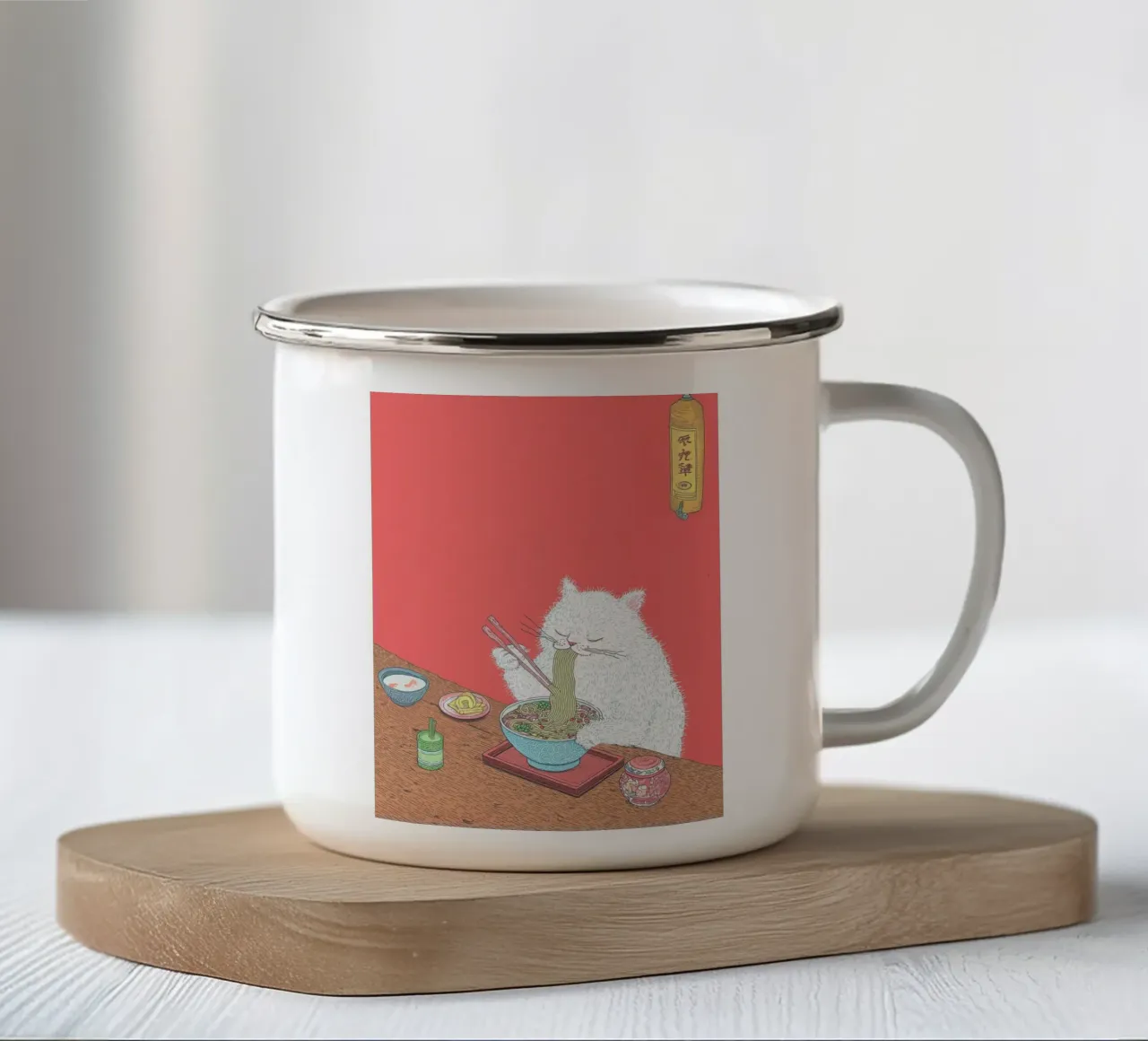 Gatto bianco mangia ramen Ispirazione Giappone Foodie e cucina tazza in smalto da Kaji