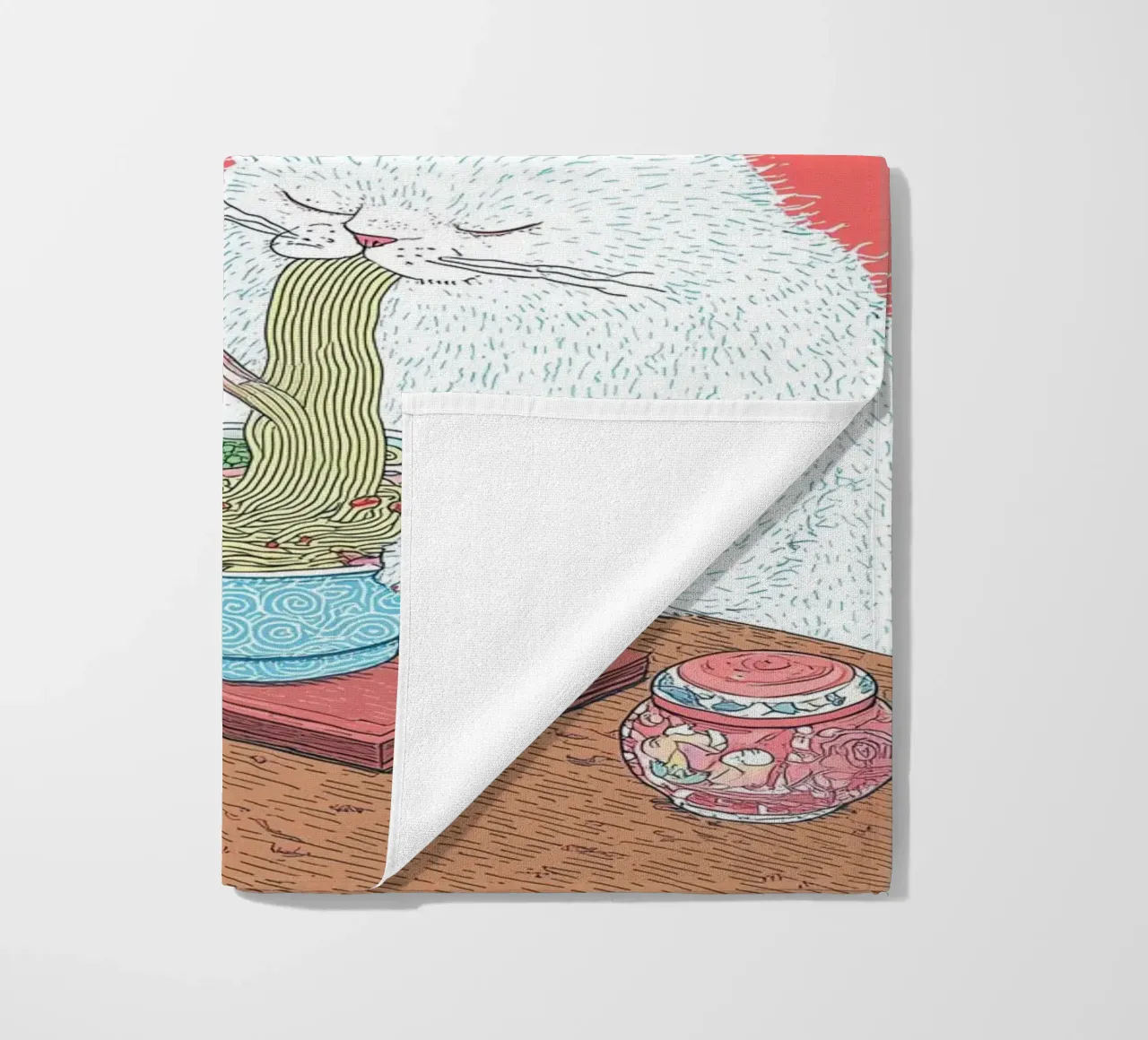 Witte kat eet Ramen Inspiratie Japan Foodie en Keuken strandhanddoek van Kaji