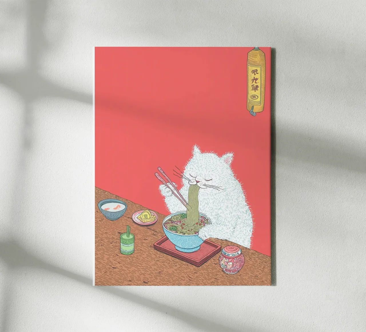 White Cat Eat Ramen Inspiration Japan Foodie and Kitchen canvas by Kaji