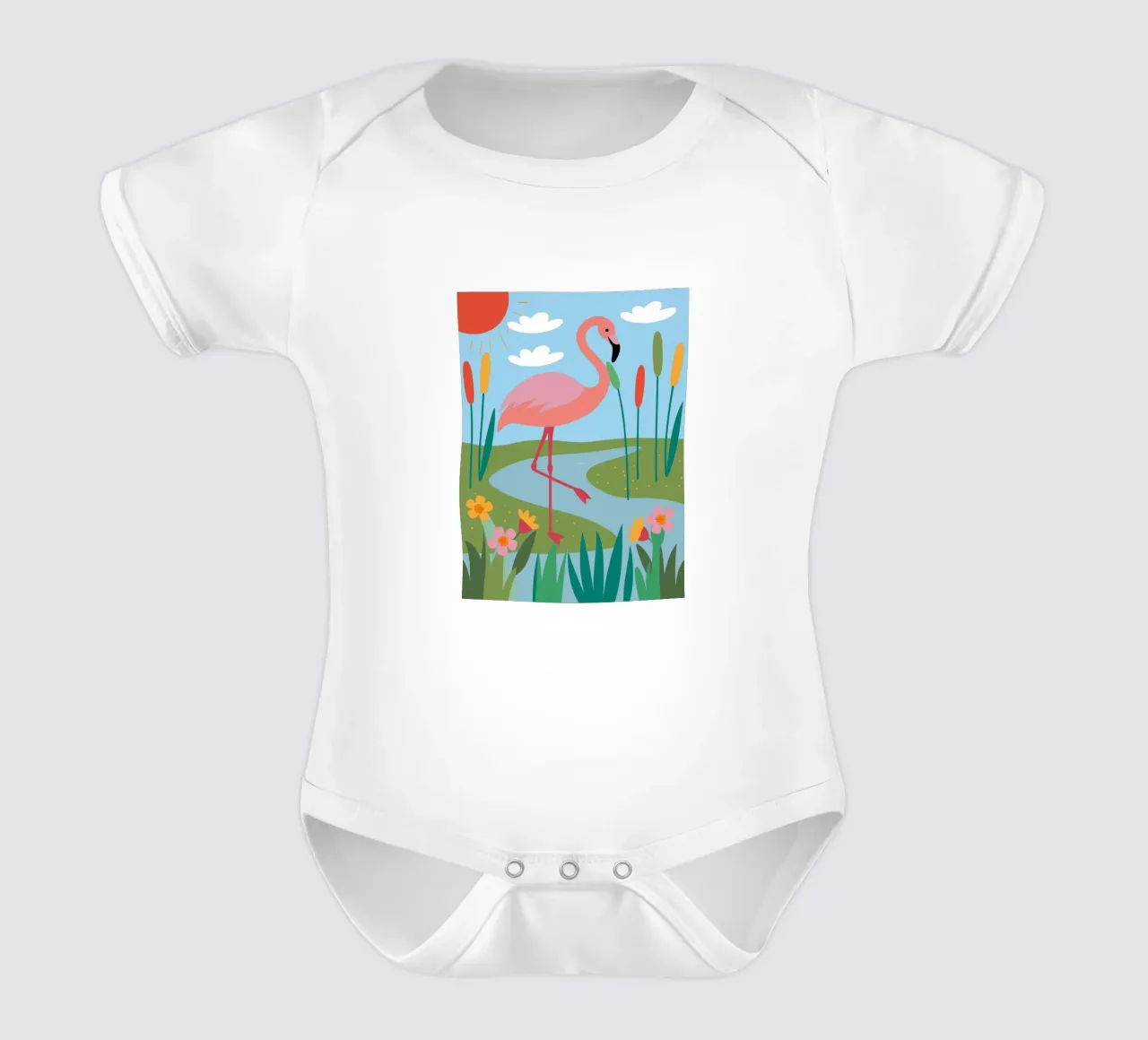 Fenicottero in riva al fiume body neonato maniche corte da CUTE ANIMALS