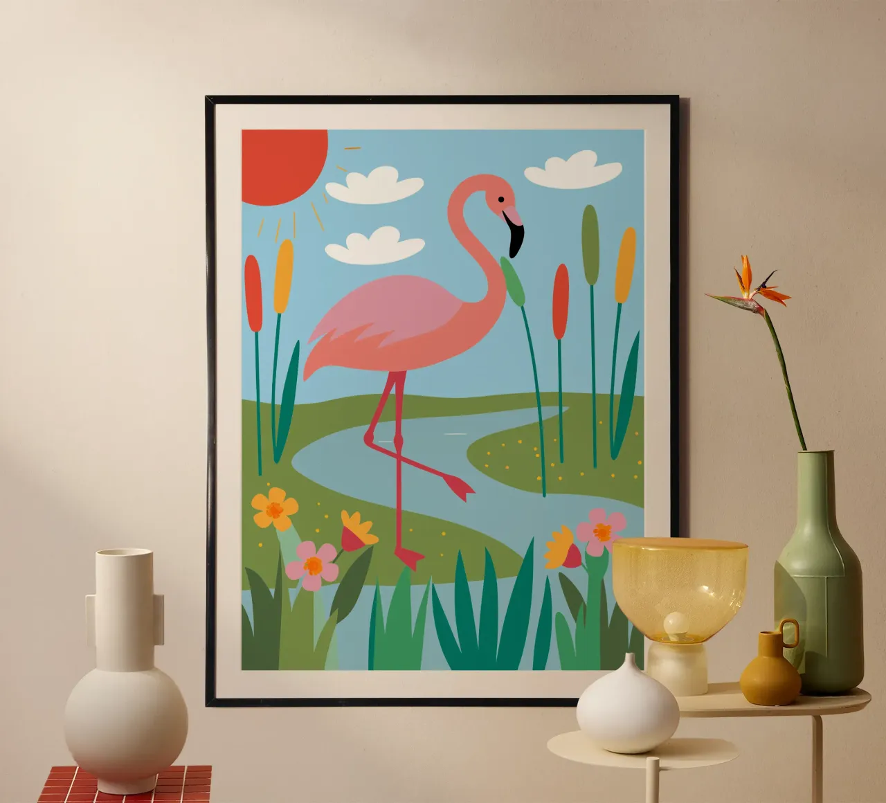 Fenicottero in riva al fiume poster da CUTE ANIMALS