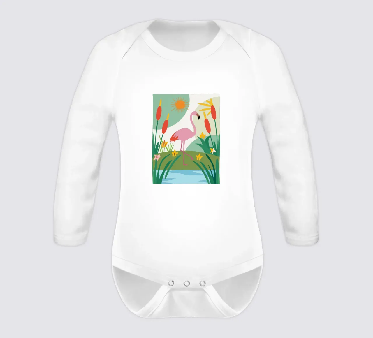 Fenicottero in riva al fiume body neonato maniche lunghe da CUTE ANIMALS