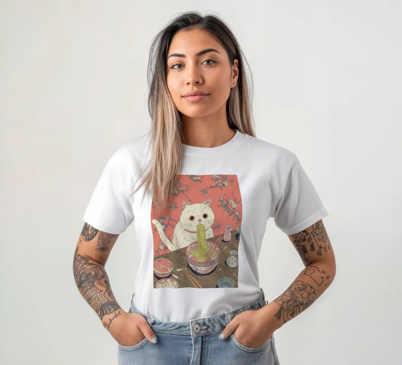 White Cat Steal Ramen Inspiration Japan Foodie and Kitchen t-shirt by Kaji