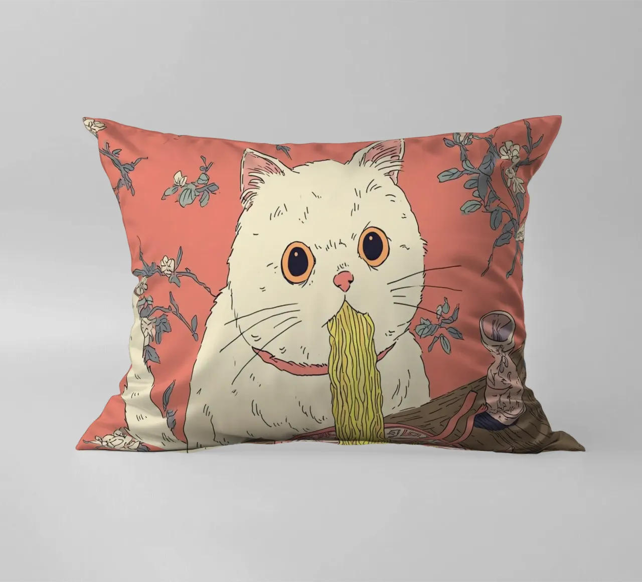 White Cat Steal Ramen Inspiration Japan Foodie and Kitchen decorative cushion by Kaji