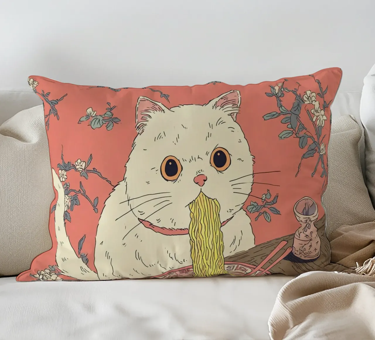 White Cat Steal Ramen Inspiration Japan Foodie and Kitchen decorative cushion by Kaji