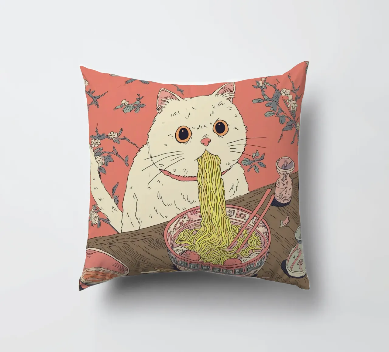 White Cat Steal Ramen Inspiration Japan Foodie and Kitchen decorative cushion by Kaji