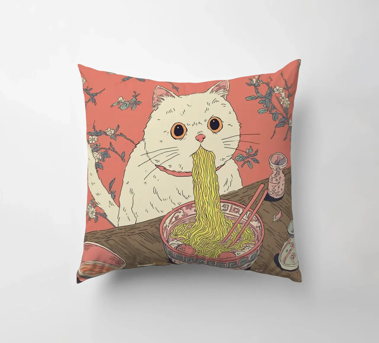 White Cat Steal Ramen Inspiration Japan Foodie and Kitchen decorative cushion by Kaji