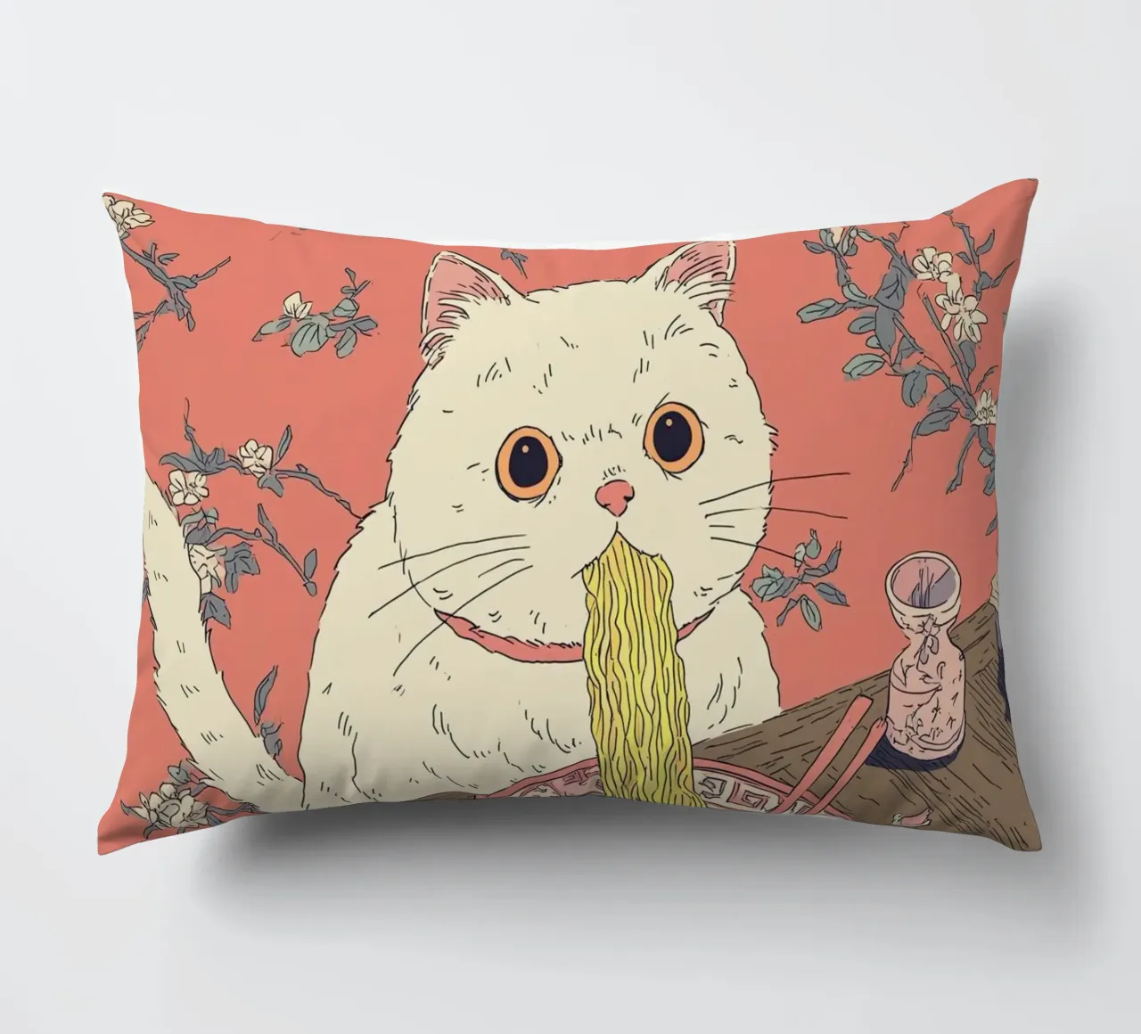 White Cat Steal Ramen Inspiration Japan Foodie and Kitchen decorative cushion by Kaji